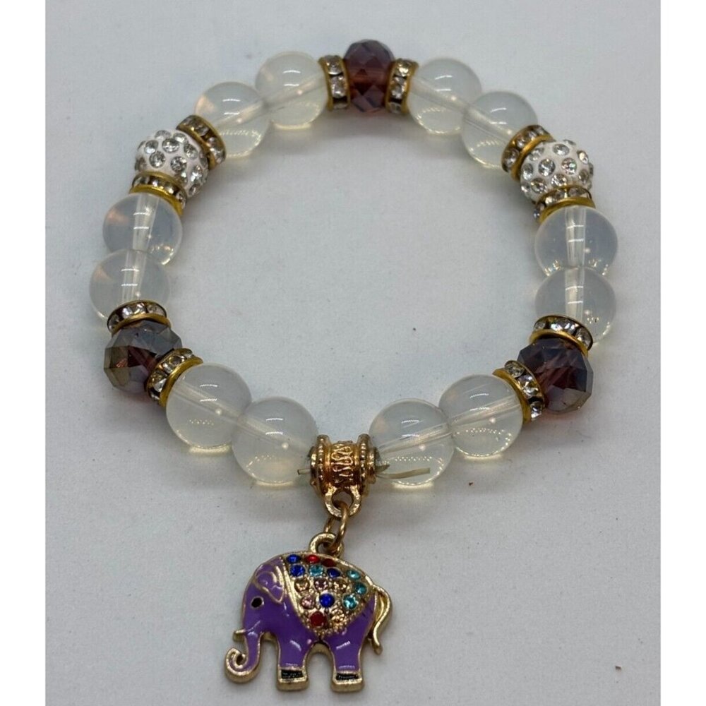 White Jade Beaded Bracelet with Purple Beads‎ and Enamel Elephant Charm  Y2K